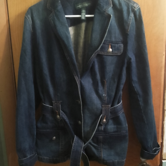 Woman's LRL Lauren Jeans Co. Ralph Lauren Denim Belted Jacket Dark Blue Harbor L - Picture 12 of 12